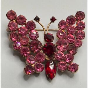 Vintage Pink Red Rhinestone Butterfly Brooch Gold Tone Figural Pin